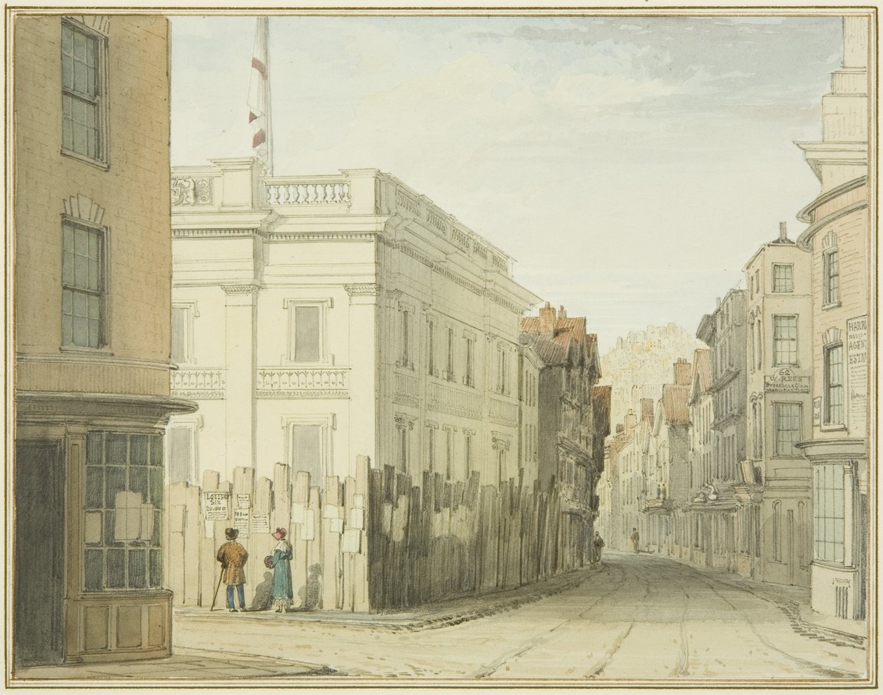 Kigger ned ad Broad Street med det nye rådhus (akvarel på papir) af Thomas Leeson the Elder Rowbotham