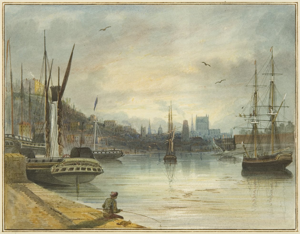 Kigger op ad den flydende havn mod katedralen, fra indgangen til Old Floating Dock af Thomas Leeson the Elder Rowbotham