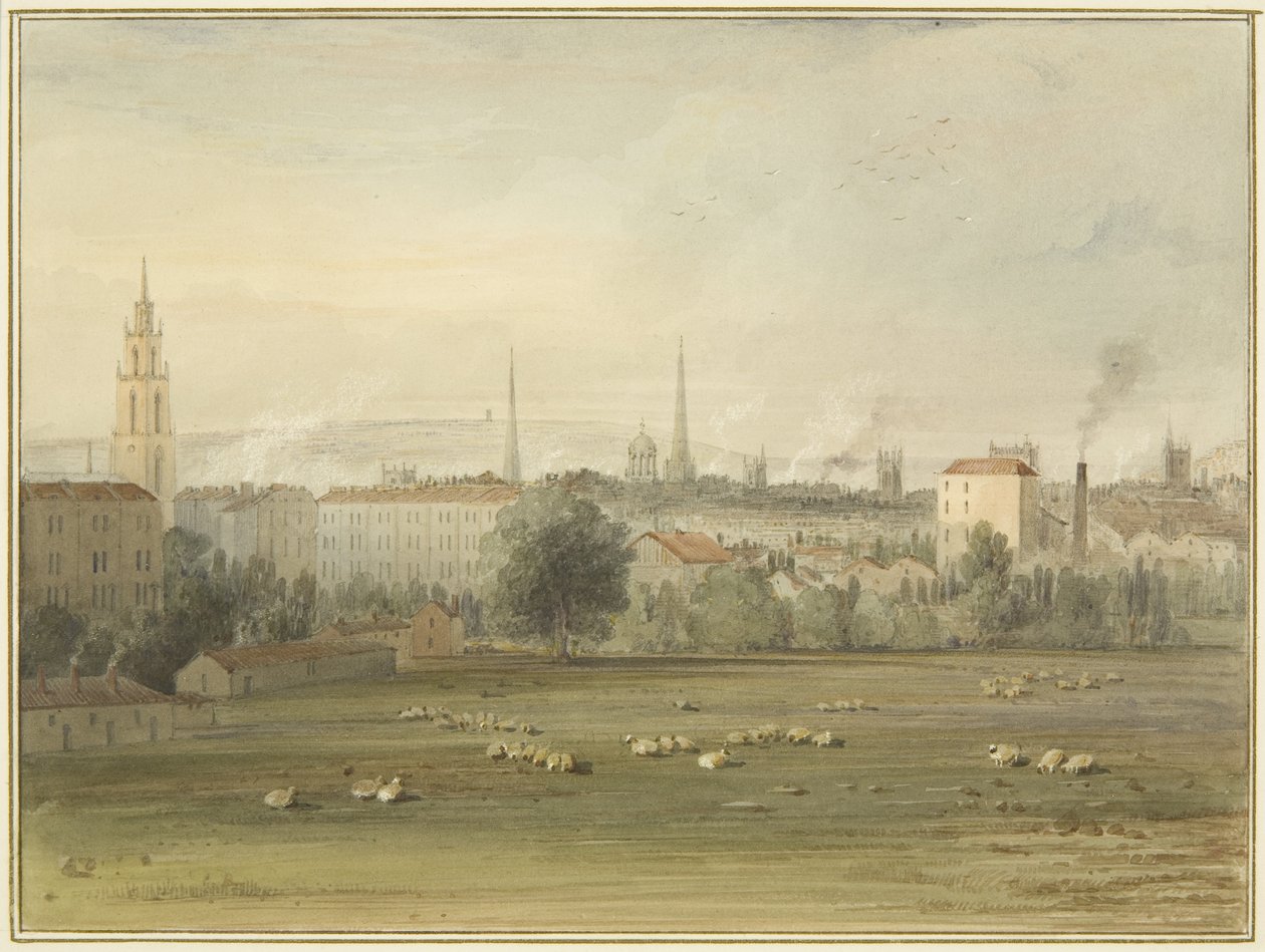 Nær Stokes Croft med udsigt over Bristols skyline (stedet for Sadler og Clayfields ballonstigning i 1810) af Thomas Leeson the Elder Rowbotham