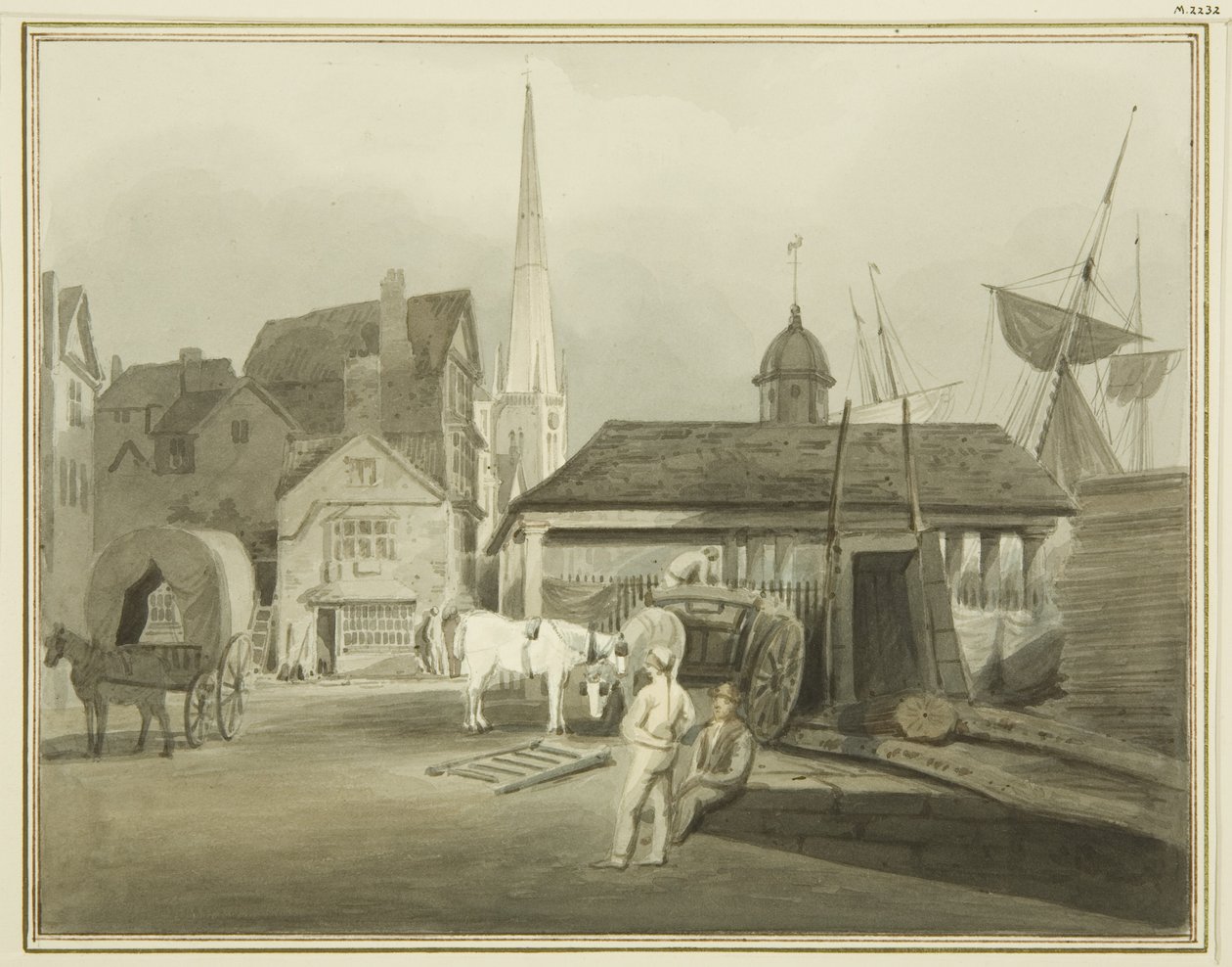 North-East End of King Street, der viser Welsh Market i 1802 (akvarel på papir) af Thomas Leeson the Elder Rowbotham