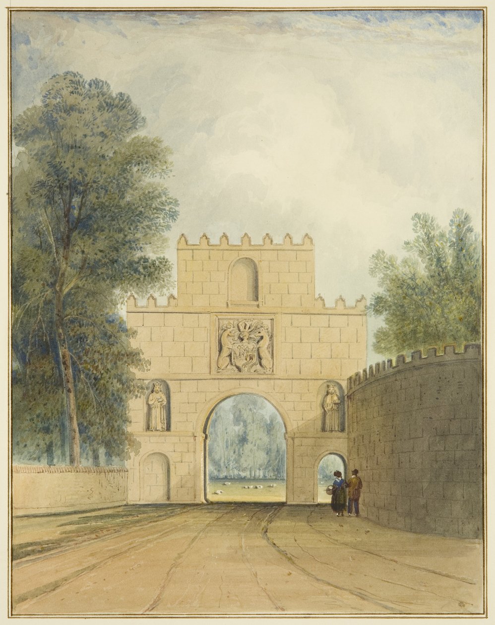 North side of the Gateway at Arno "s Vale, showing figures, 1826dani af Thomas Leeson the Elder Rowbotham