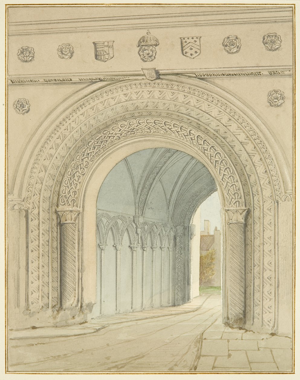 Nordlig udsigt over College Gateway-buen (blyant og akvarel på papir) af Thomas Leeson the Elder Rowbotham