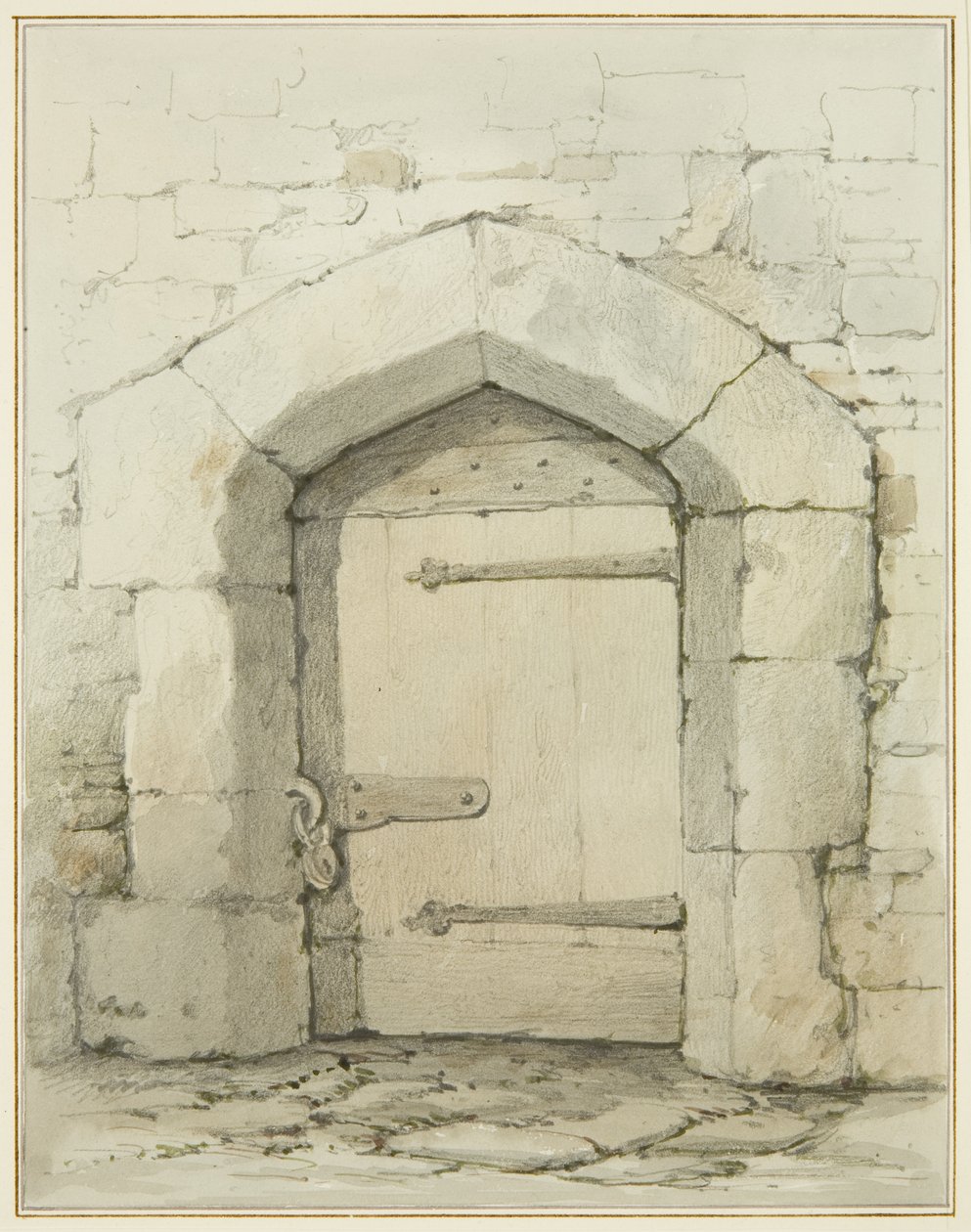 Gammel bue og døråbning i Tower Lane overfor Vestry of St John