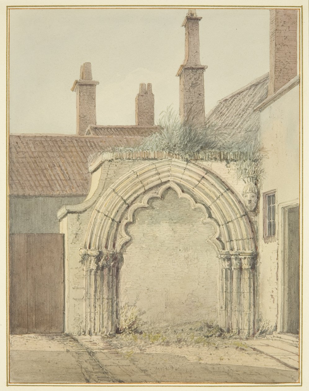 Old Gateway to Prebendal House fra Cloisters of Bristol Cathedral (akvarel på papir) af Thomas Leeson the Elder Rowbotham