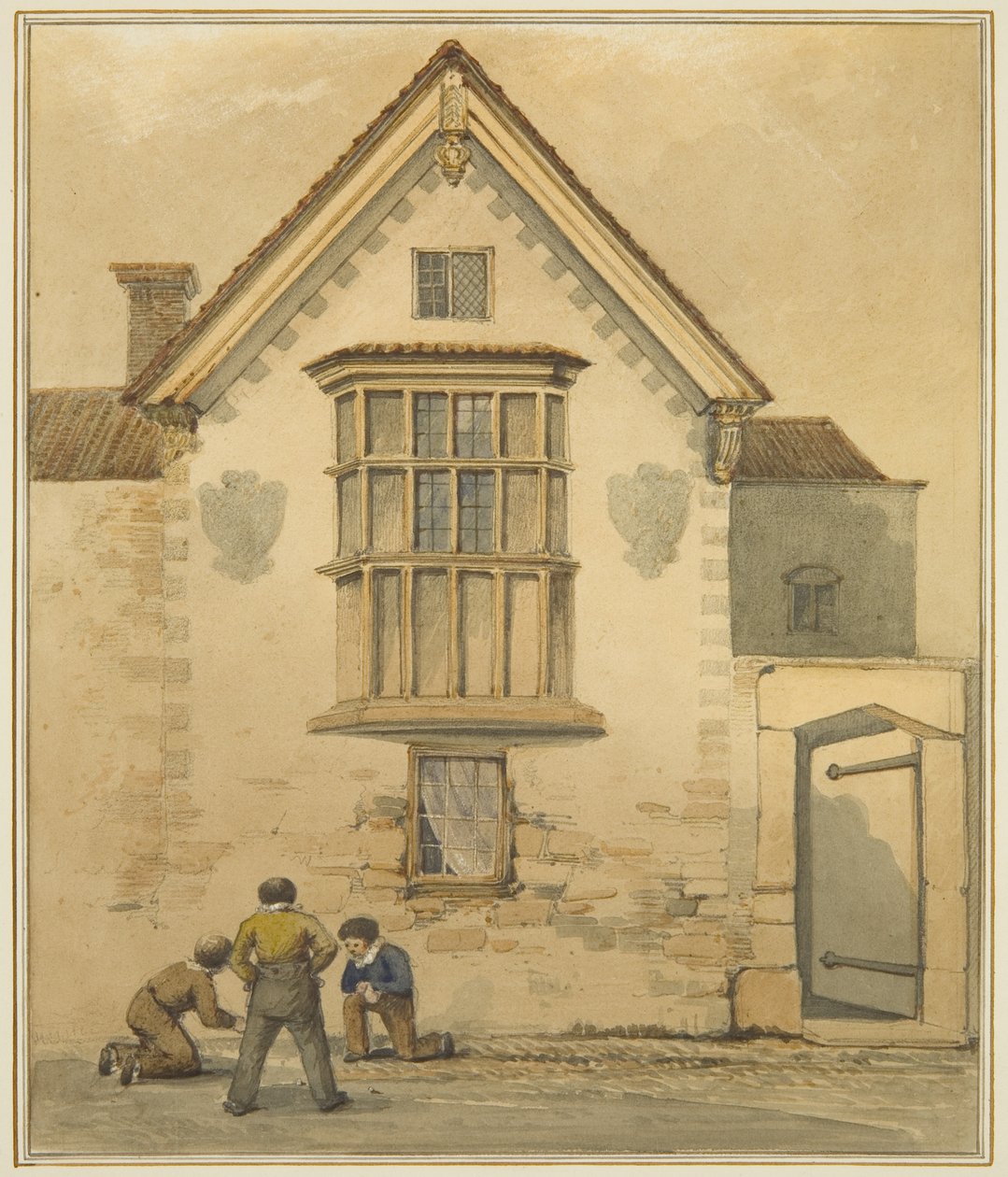 Old House, kaldet Palace, i Pile Street (akvarel på papir) af Thomas Leeson the Elder Rowbotham