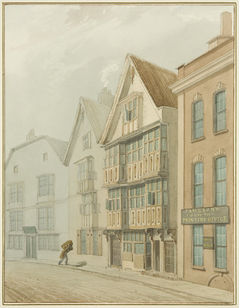 Gamle huse overfor Købmandshallen (akvarel på papir) af Thomas Leeson the Elder Rowbotham