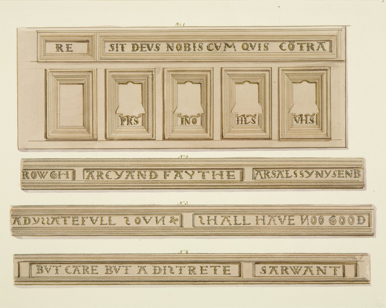 Paneler og inskriptioner fra 46 Baldwin Street (akvarel på papir) af Thomas Leeson the Elder Rowbotham