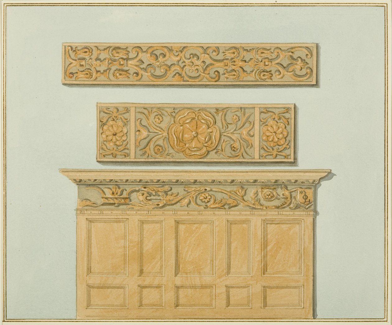 Dele af panelet og frisen, i Langton Mansion, på bagsiden (akvarel på papir) af Thomas Leeson the Elder Rowbotham