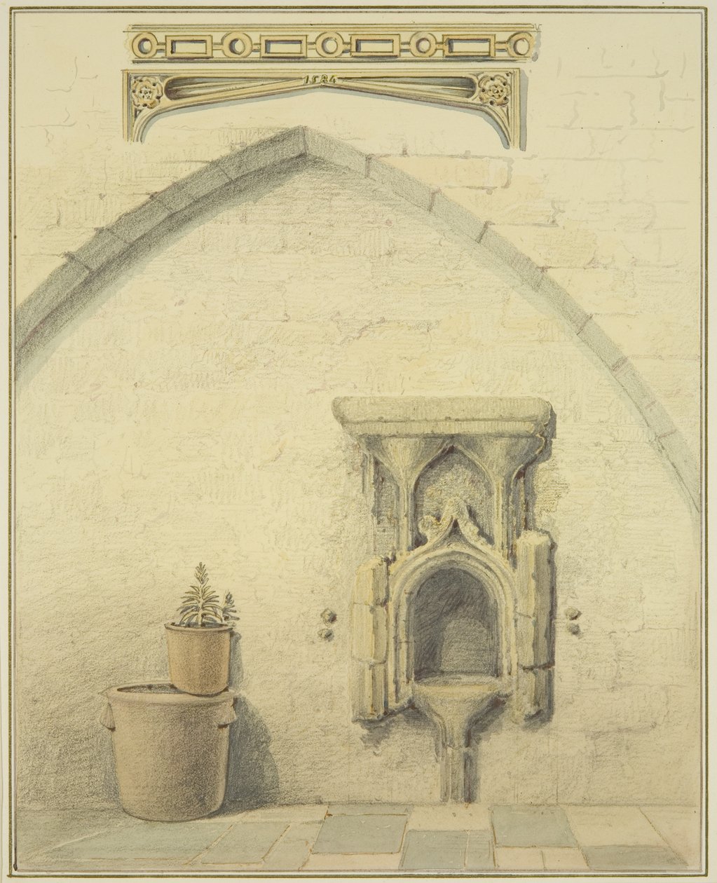 Piscina, Frieze and Spandrels in Courtyard of 131 Temple Street (blyant og akvarel på papir) af Thomas Leeson the Elder Rowbotham