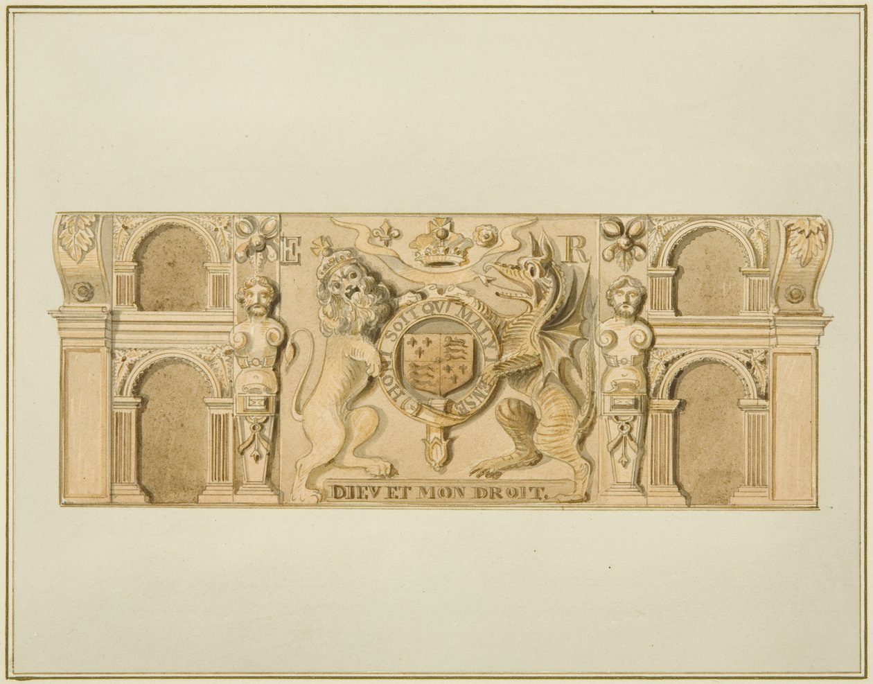 Dronning Elizabeths våben i eg tidligere i et hus i den sydvestlige ende af Clare Street (akvarel på papir) af Thomas Leeson the Elder Rowbotham