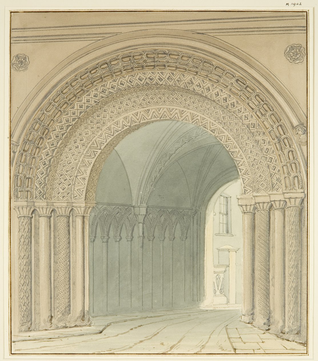 Sydlig udsigt over College Gateway, Bristol Cathedral (blyant og akvarel på papir) af Thomas Leeson the Elder Rowbotham