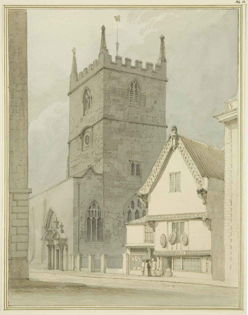 Peterskirken og præstegården i Petersgade (blyant og akvarel på papir) af Thomas Leeson the Elder Rowbotham