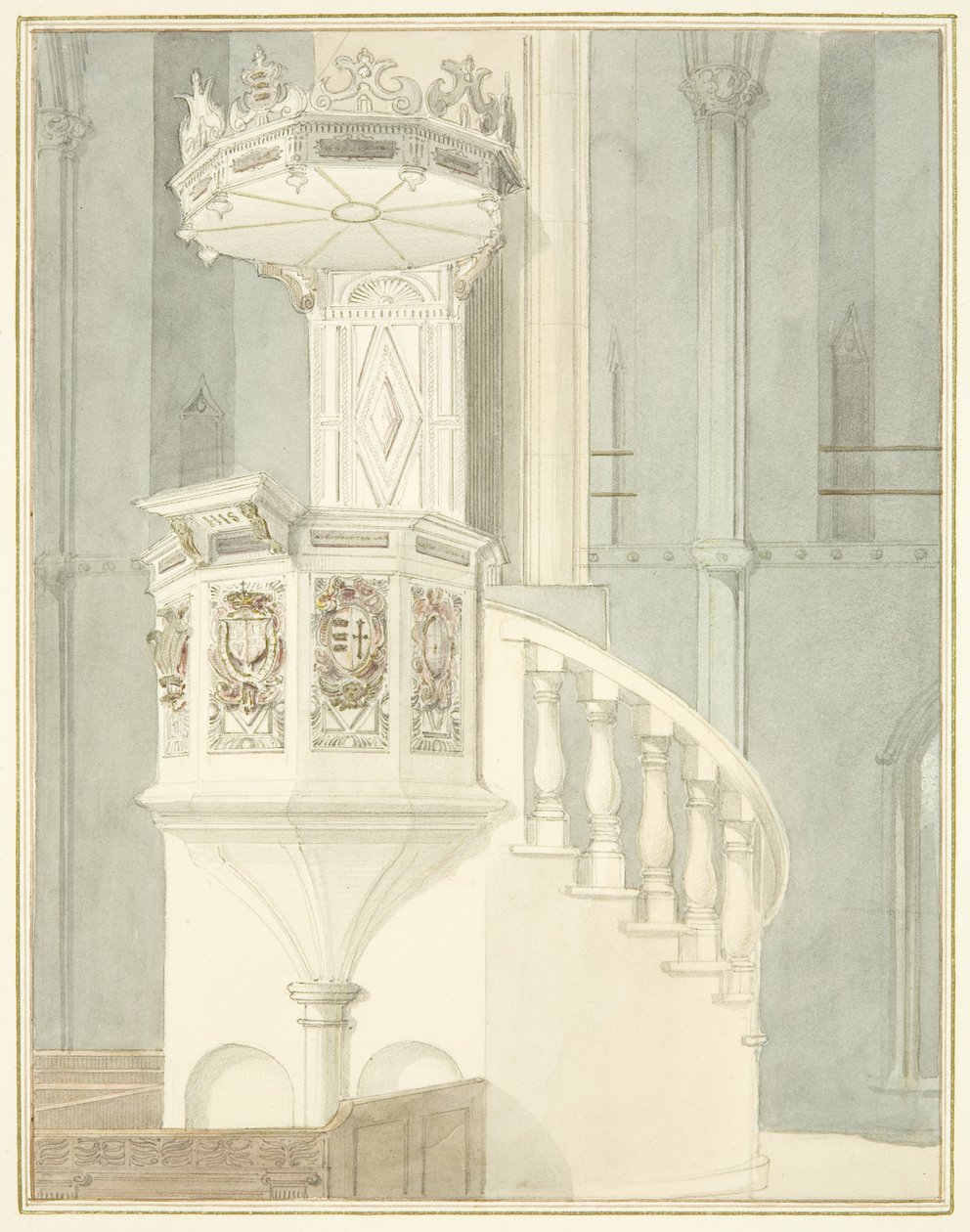 Stenprædikestol i Bristol Cathedral (akvarel på papir) af Thomas Leeson the Elder Rowbotham