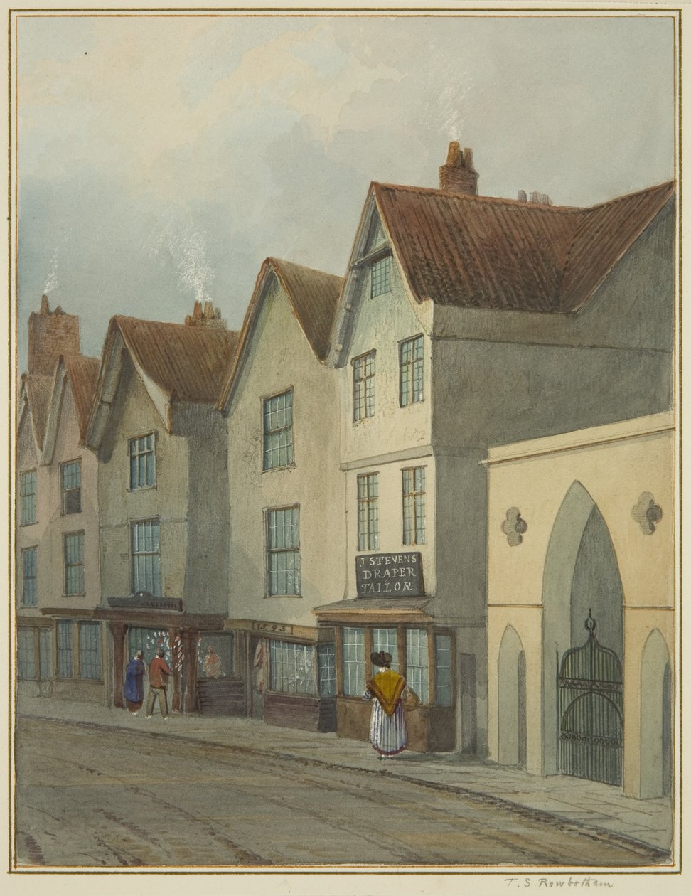 Temple Street, der viser Gateway to Temple Church (akvarel på papir) af Thomas Leeson the Elder Rowbotham