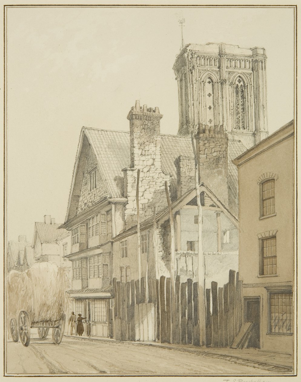 Temple Street, der viser Tower of Temple Church (akvarel på papir) af Thomas Leeson the Elder Rowbotham