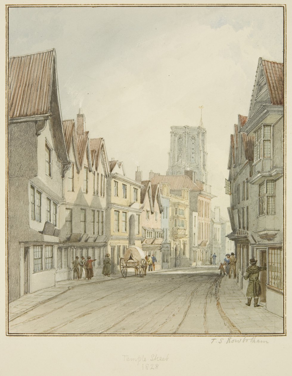 Temple Street, der viser Temple Churchs tårn (akvarel på papir) af Thomas Leeson the Elder Rowbotham