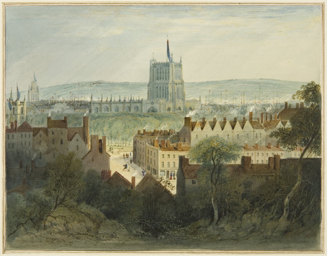 The Cathedral, College Green og College Street (akvarel på papir) af Thomas Leeson the Elder Rowbotham