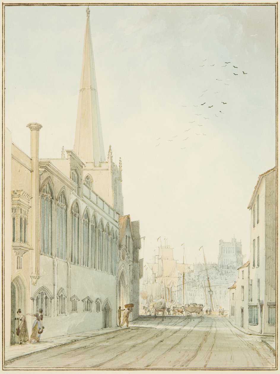 St John-on-the-Wall-kirken med udsigt mod kajen (akvarel på papir) af Thomas Leeson the Elder Rowbotham