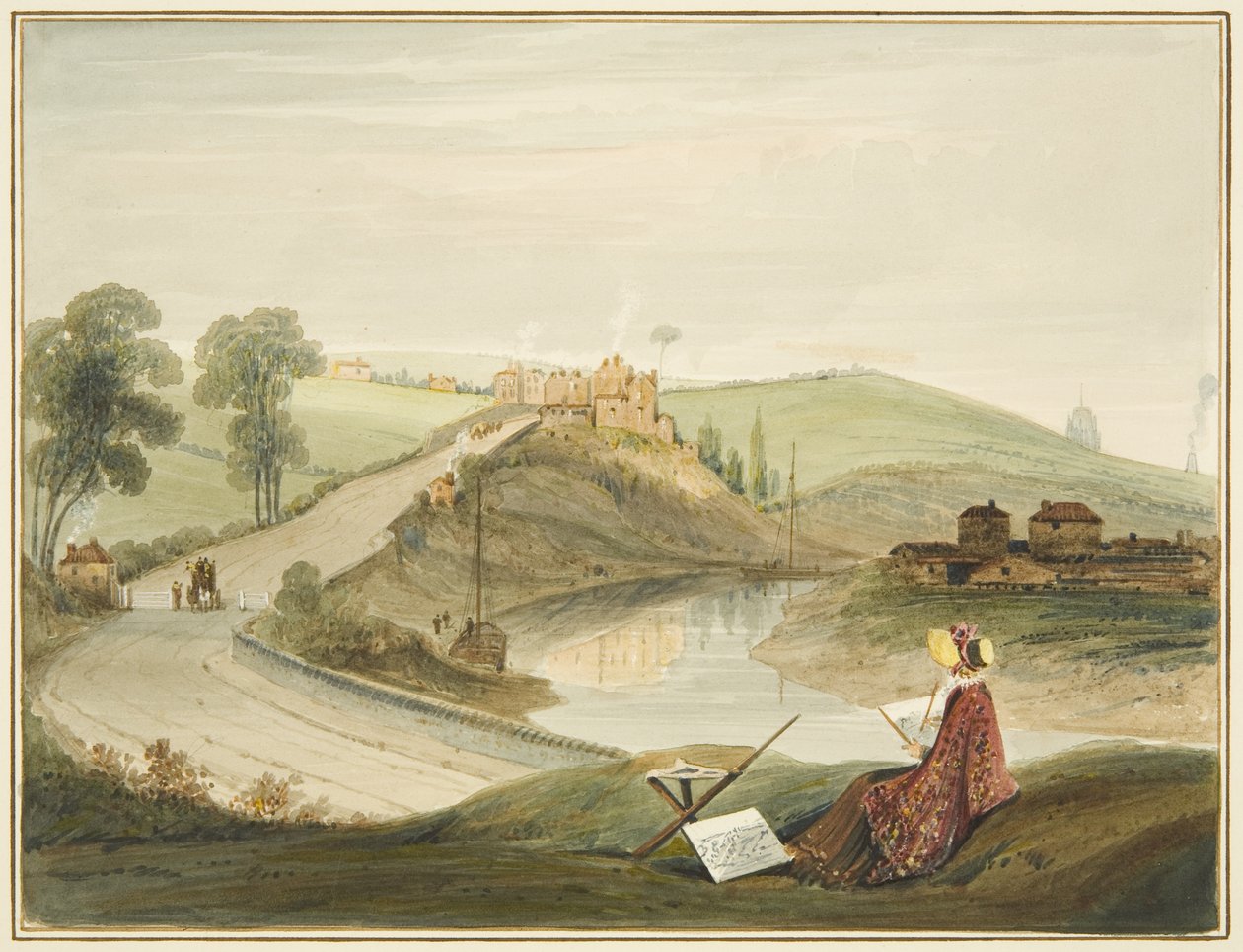 Totterdown og Pile Hill fra Bath Road, der viser Brislington Turnpike (med en Miss Braikenridge? Skitsering) af Thomas Leeson the Elder Rowbotham