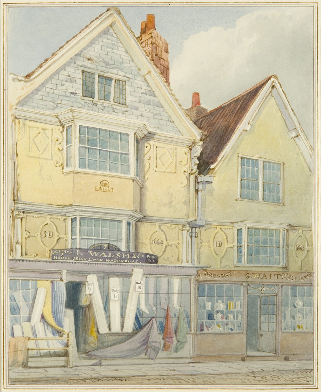 To gamle huse på nordsiden af Castle Street (blyant og akvarel på papir) af Thomas Leeson the Elder Rowbotham