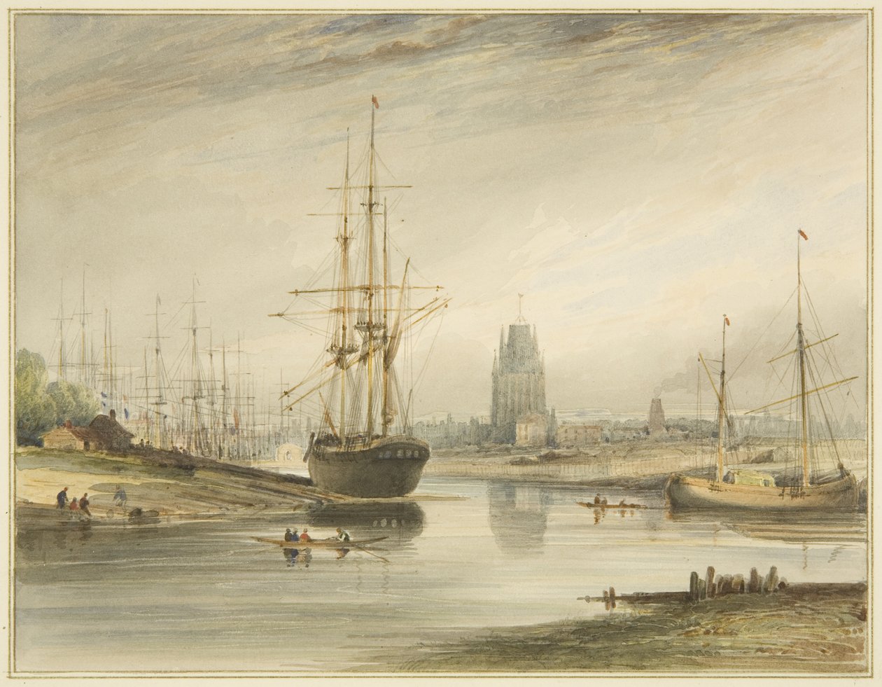 Udsigten ser op ad floden, taget fra under Rope Walk and Wapping, ca. 1804 af Thomas Leeson the Elder Rowbotham