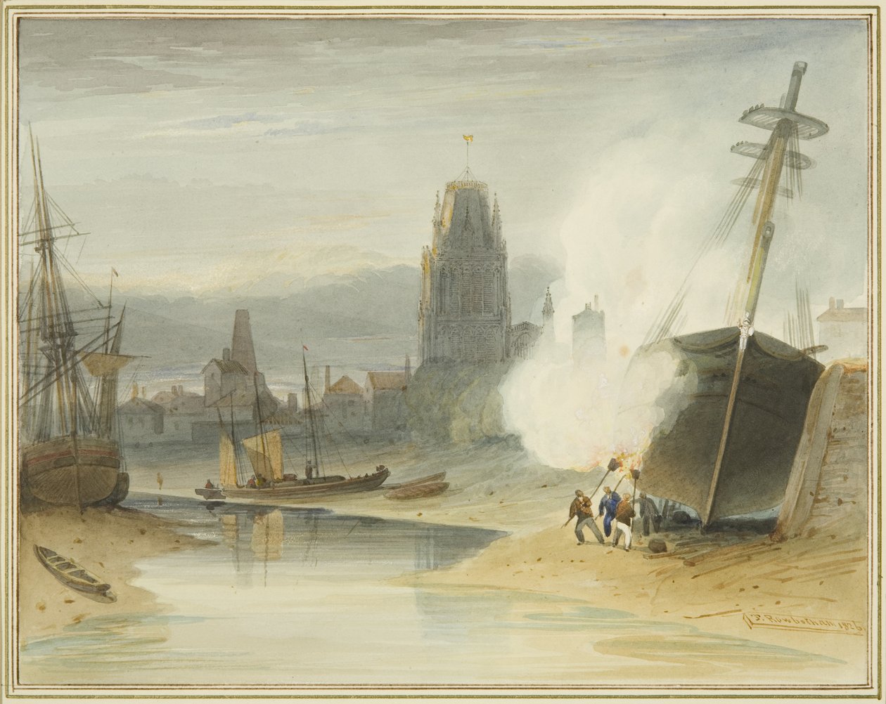Udsigt over St Mary Redcliffe fra Gibb-slippen før dannelsen af Floating Harbour, som også viser brasningen af bunden af et skib af Thomas Leeson the Elder Rowbotham