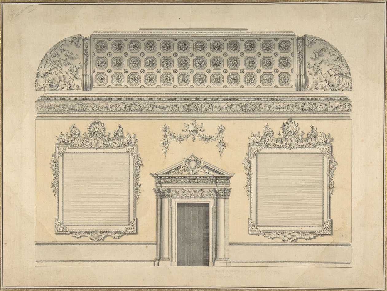 Design til sektion af et Rococo -rum, med et coved loft og ornamenteret korinthisk ..., ca.1750. af Thomas Lightoler.