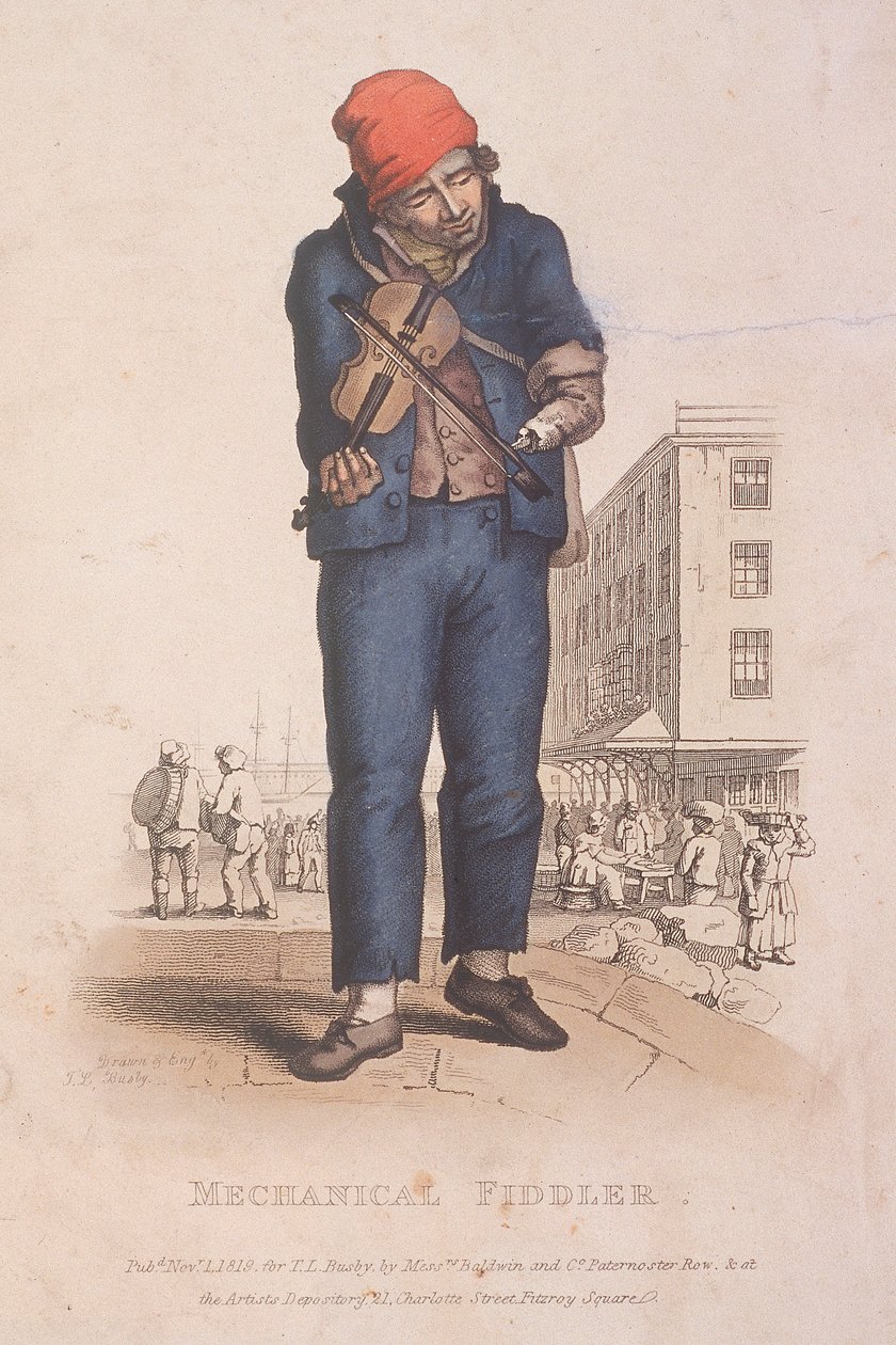 Spillemand med en armprotese, med et marked i baggrunden, 1820 af Thomas Lord Busby