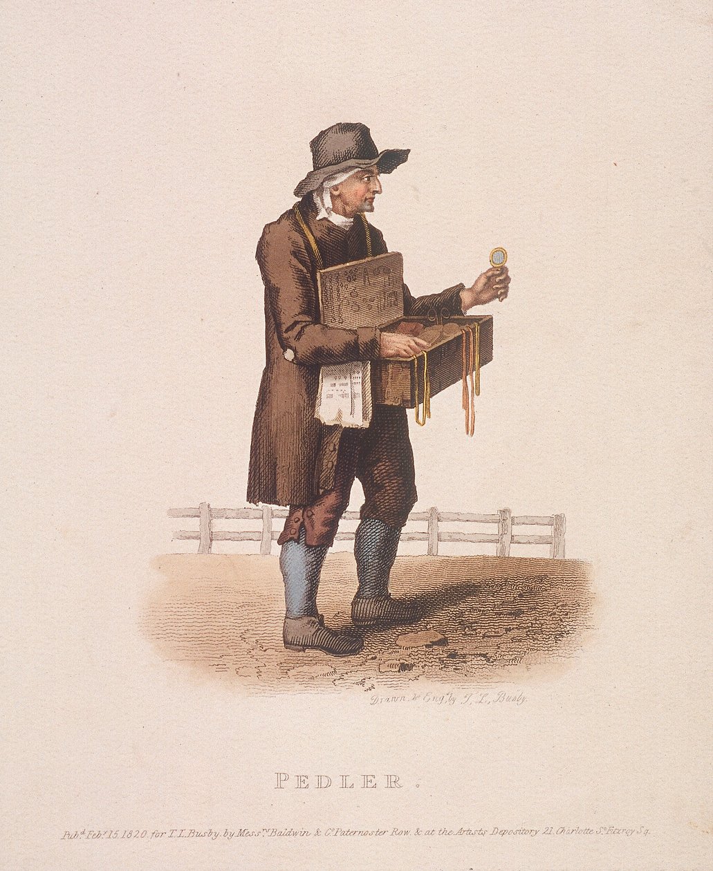 Pedlar med sin æske med varer hang om halsen, 1820 af Thomas Lord Busby