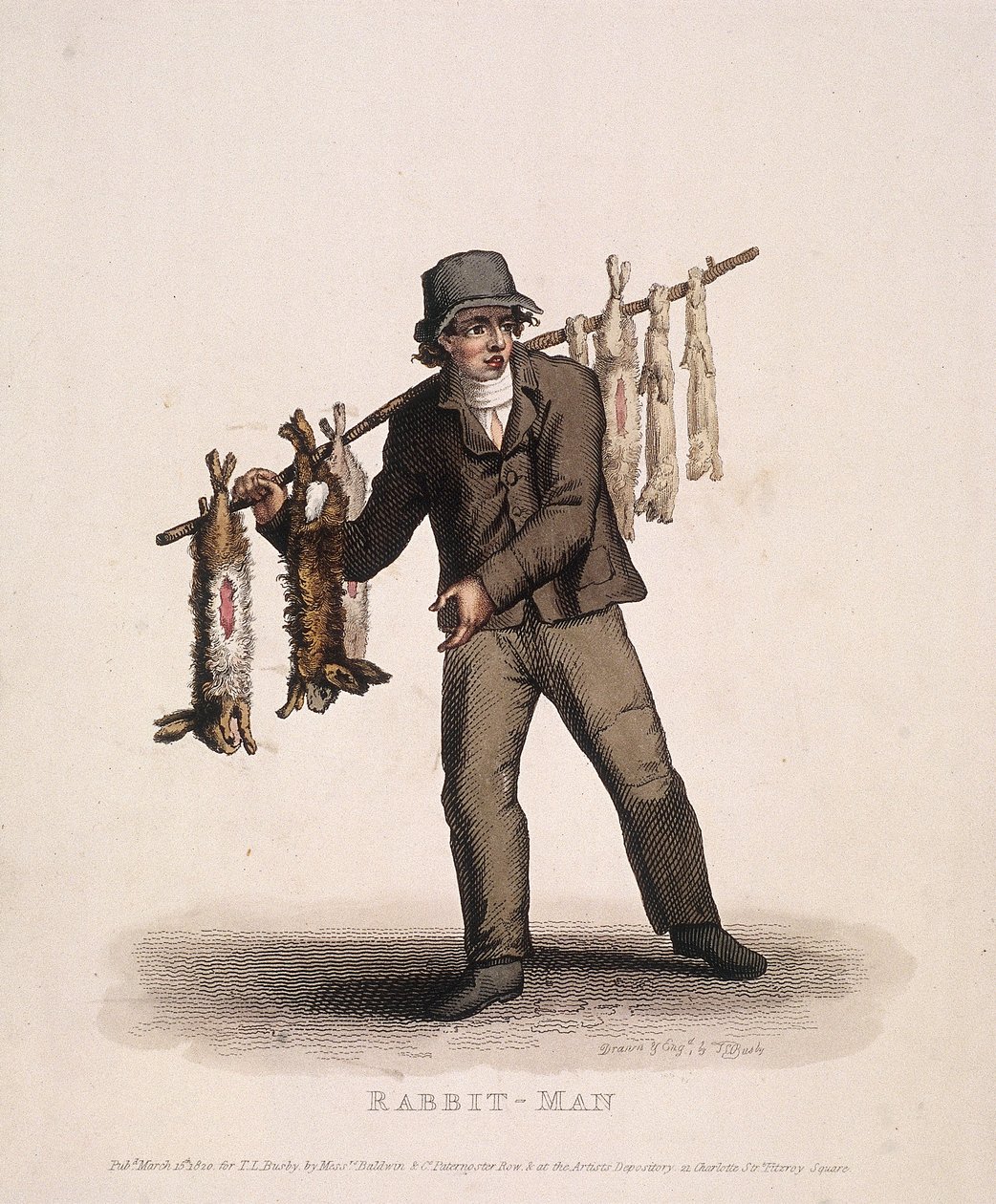 Kaninsælger med en stang hængt med kaniner, 1820 af Thomas Lord Busby