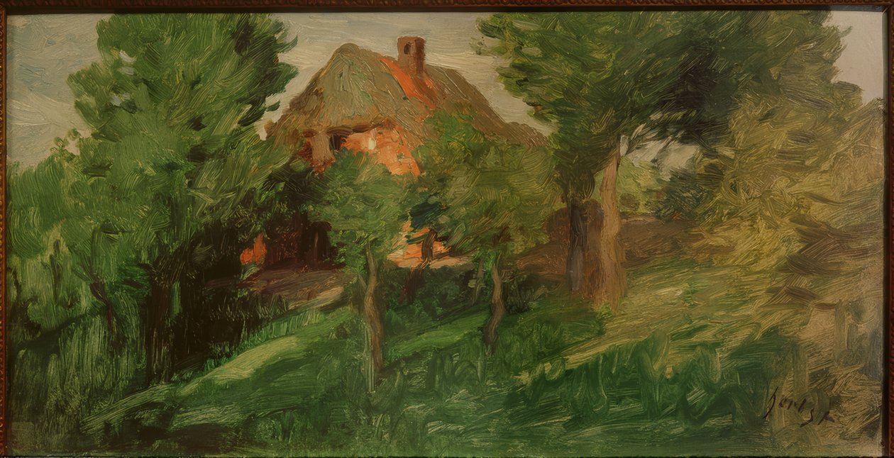 Rødt hus bag træer af Thomas Ludwig Herbst