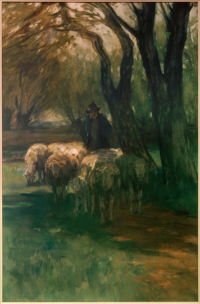 Flok får under træer af Thomas Ludwig Herbst