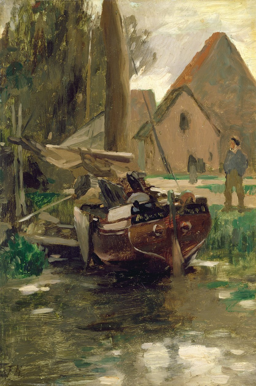 Lille havn med en båd (olie på papir lagt om bord) af Thomas Ludwig Herbst