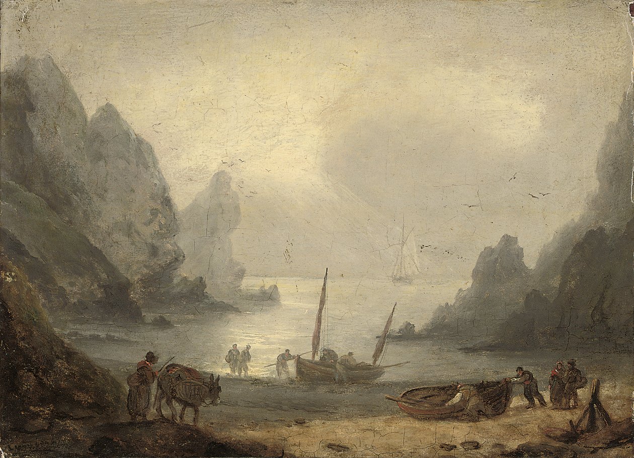 En fjord i Devonshire med fiskere, der losser deres fangst på forkysten, ca. 1804 af Thomas Luny