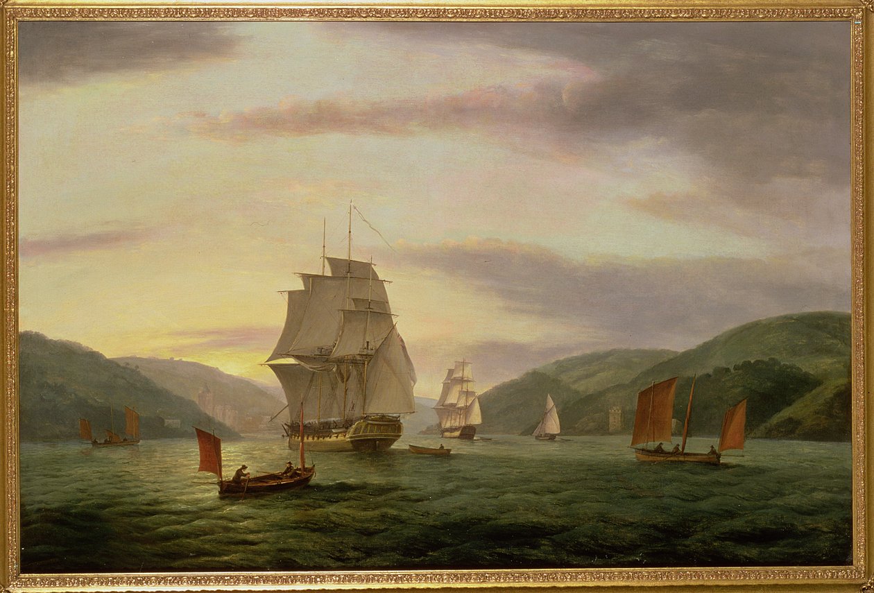 En fregat, en lugger og et handelsskib i Dartmouth Harbour, 1808 af Thomas Luny