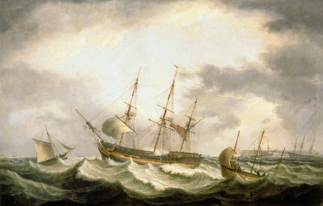 A Three Master på drift i Downs med hjælp ved hånden (olie på lærred) af Thomas Luny