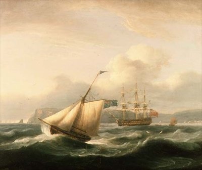 En to-dækker forankret i Torbay Havn med en kutter i forgrunden af Thomas Luny