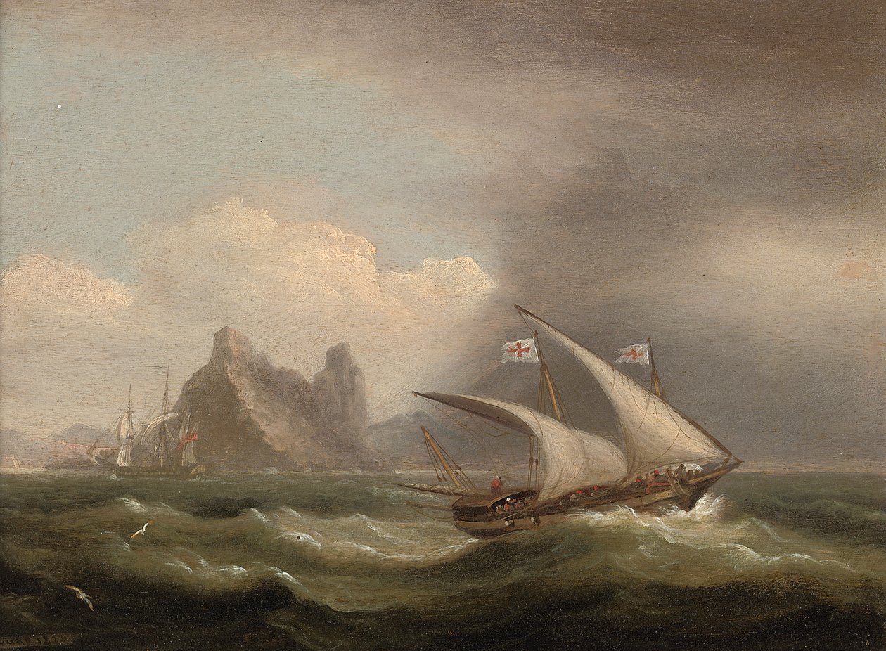 En bevæbnet Xebec i Middelhavet, en britisk fregat ud for agterstavnen og løber forbi en klippekyst, 1822 af Thomas Luny