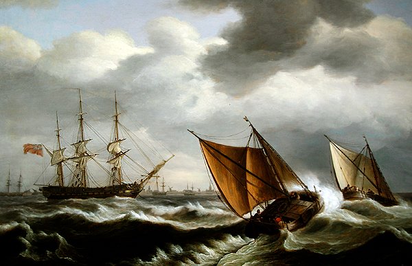 Hollandsk kystfartøj med en engelsk fregat for anker i kuling ud for Harwich af Thomas Luny