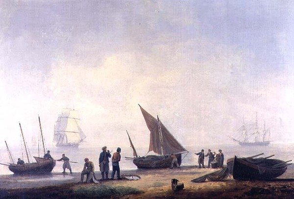 Fiskere på en strand med fartøjer offshore af Thomas Luny