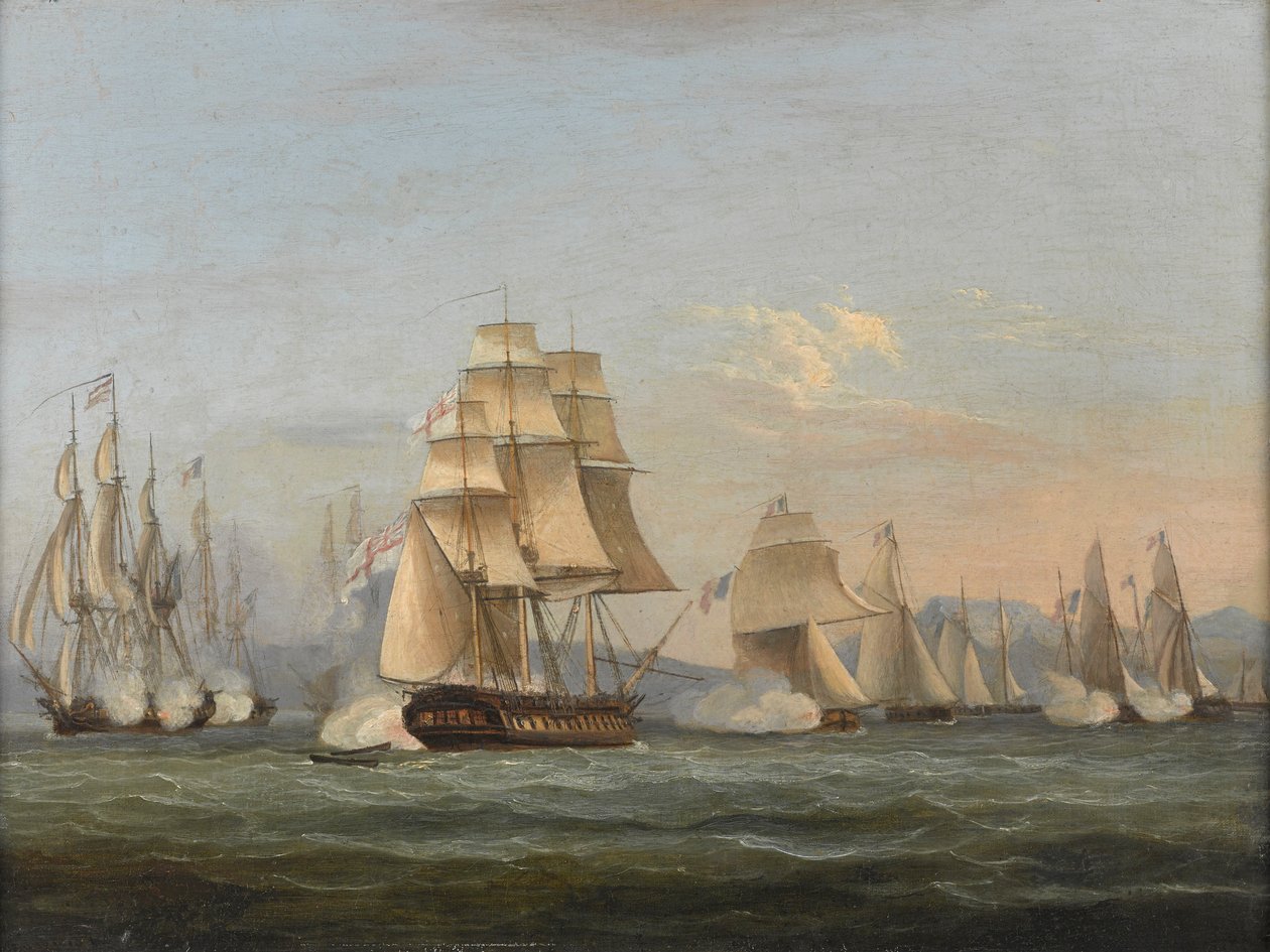 HMS Spartan & French Fregates: Beginning of the Action, 3. maj 1810 (Napoli-bugten) (olie på lærred) af Thomas Luny