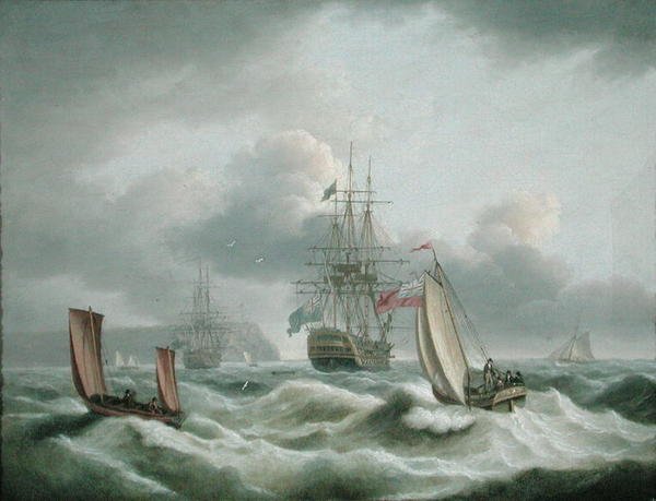 Two Deckers liggende af Berry Head (olie på lærred) af Thomas Luny