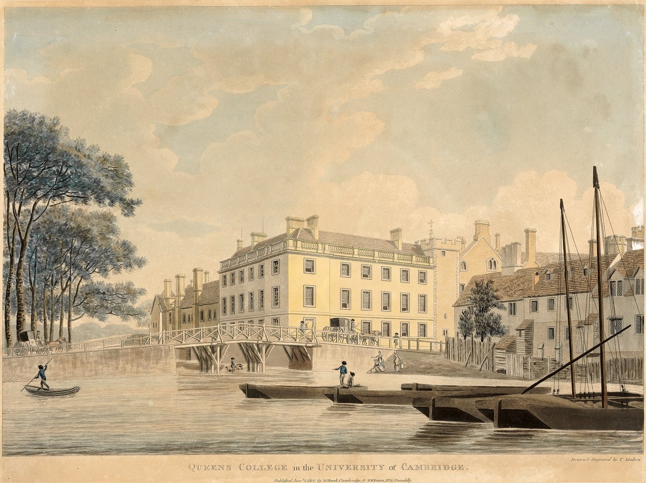Queens College i University of Cambridge, pub 1800 (håndfarvet akvatint) af Thomas Malton