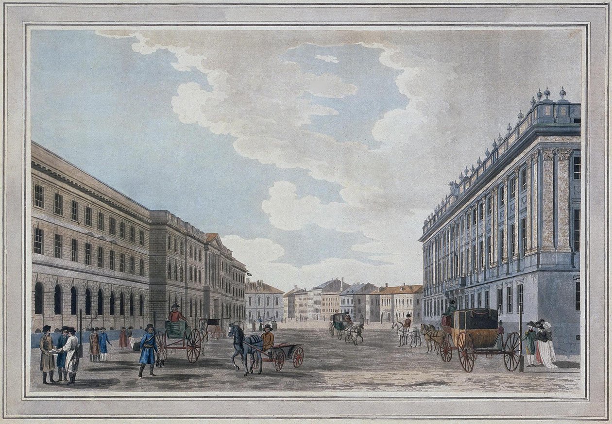 Udsigt over en Millionnaya-gade og Marmorpaladset gennem Mars-marken, 1790 af Thomas Malton the Elder