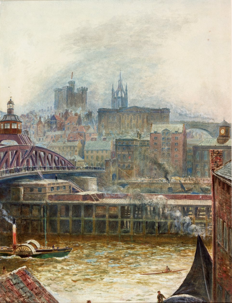 Udsigt over Newcastle fra Gateshead (kropsfarve på papir (klisteret på bord)) af Thomas Marie Madawaska Hemy
