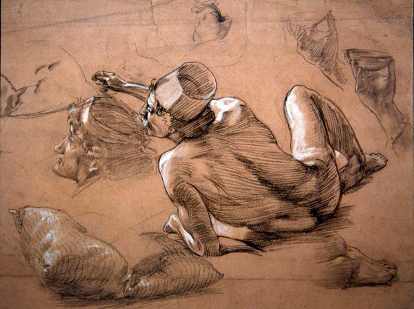 Liggende nøgen mand, ca. 1880 (blyant, sort kridt & hvid kropsfarve på papir) af Thomas Matthews Rooke