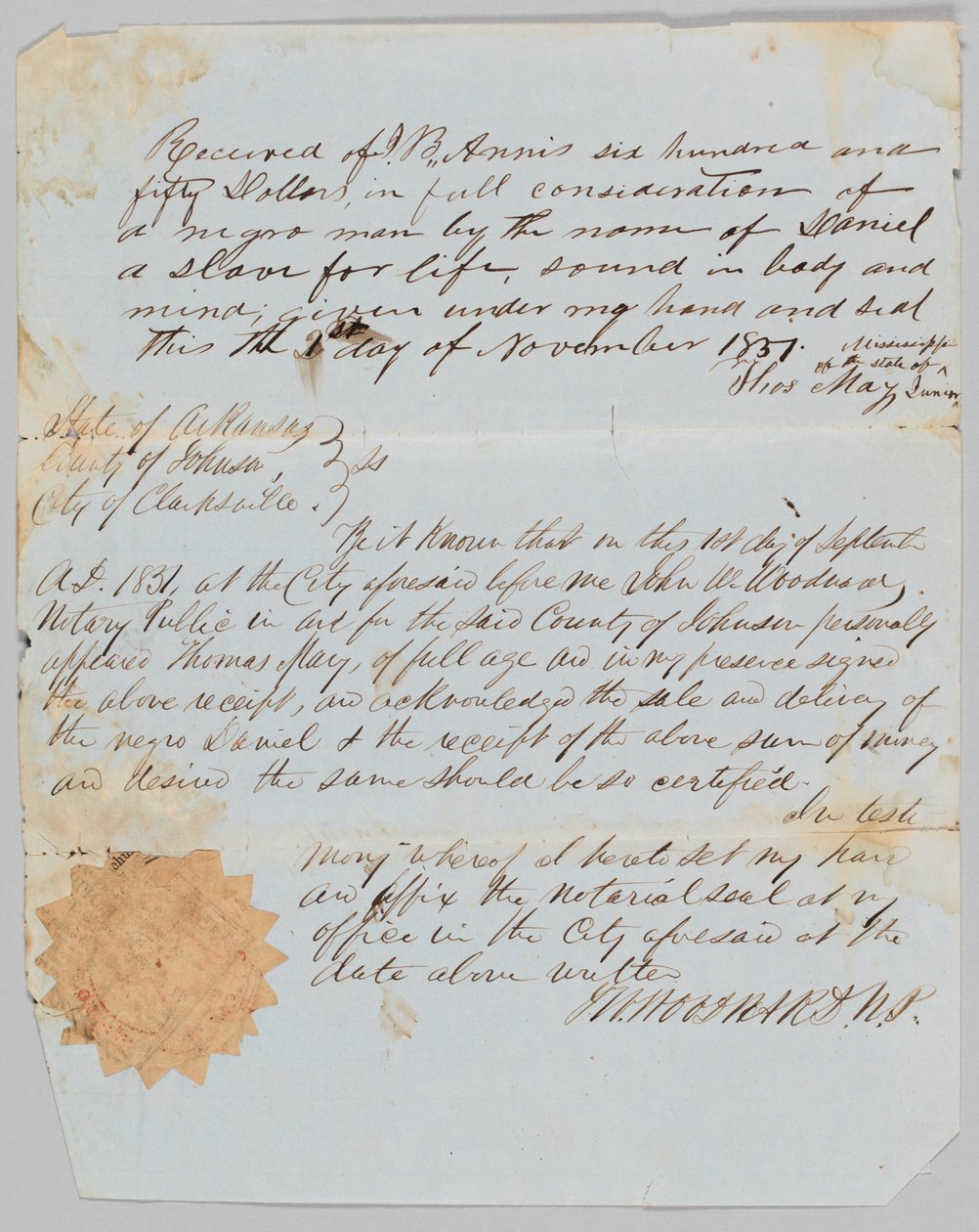 Salgsbrev for en mand ved navn Daniel til Jerome B. Annis, 1. november 1851. af Thomas May
