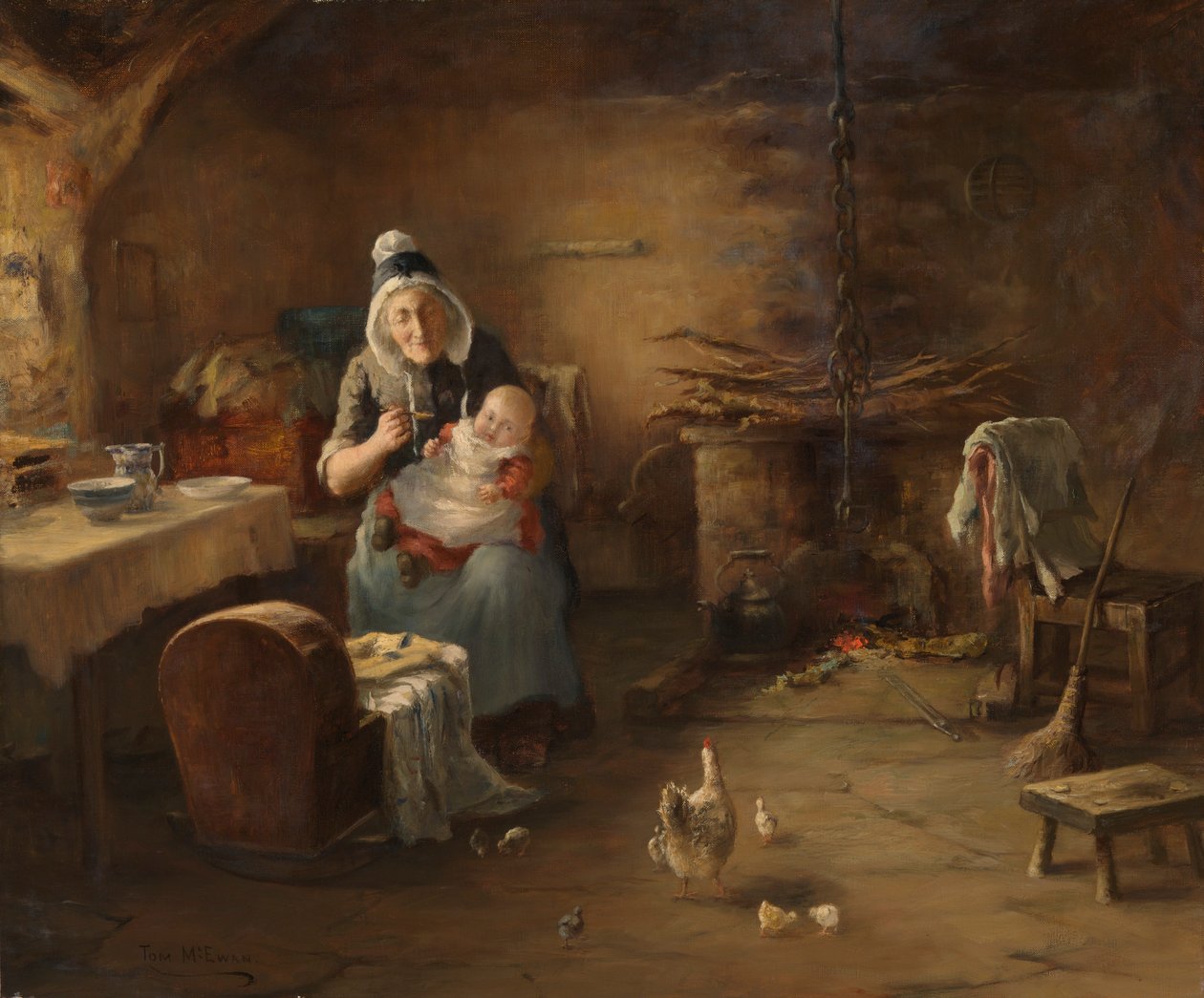 Interiør af en bondehytte (olie på lærred) af Thomas McEwan