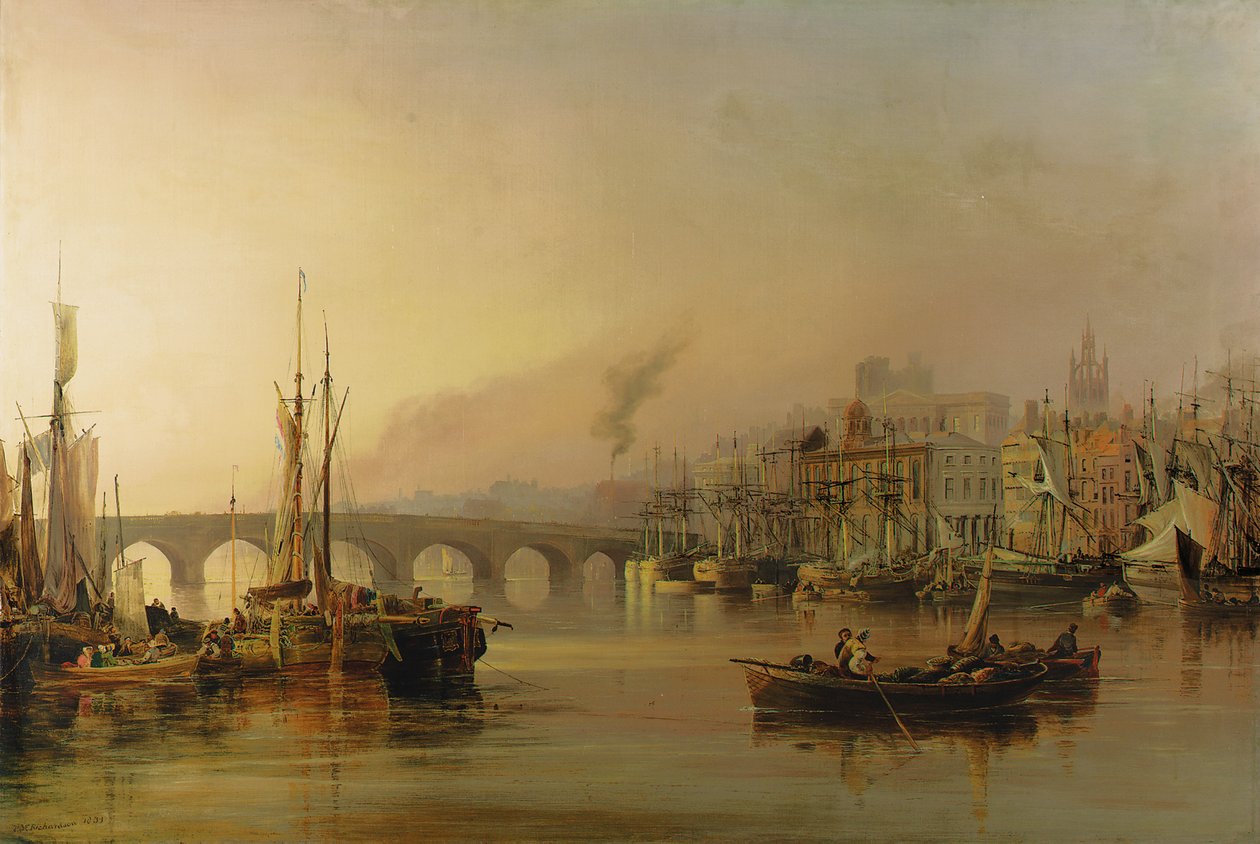Udsigt over Newcastle fra floden Tyne, med skibsfart i forgrunden, 1831 af Thomas Miles Richardson