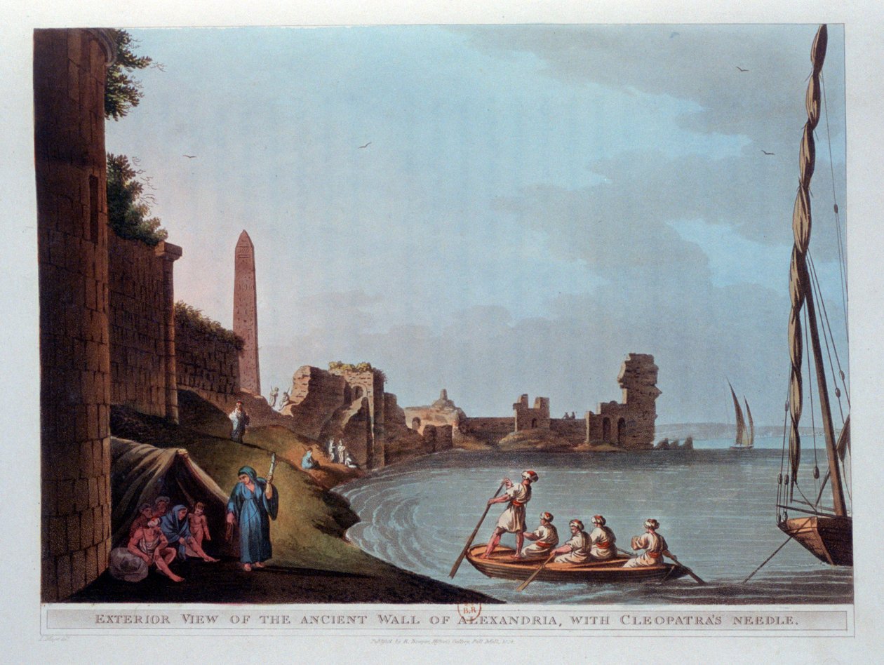 Udvendig udsigt over den gamle mur i Alexandria, med Cleopatras-nål, 1802. af Thomas Milton